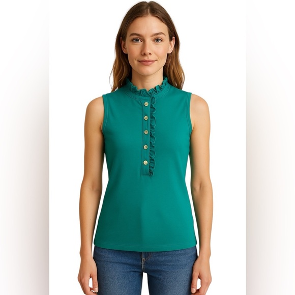 💚TORY BURCH Sleeveless Teal Top with Ruffle Detail Size XS - Picture 3 of 8